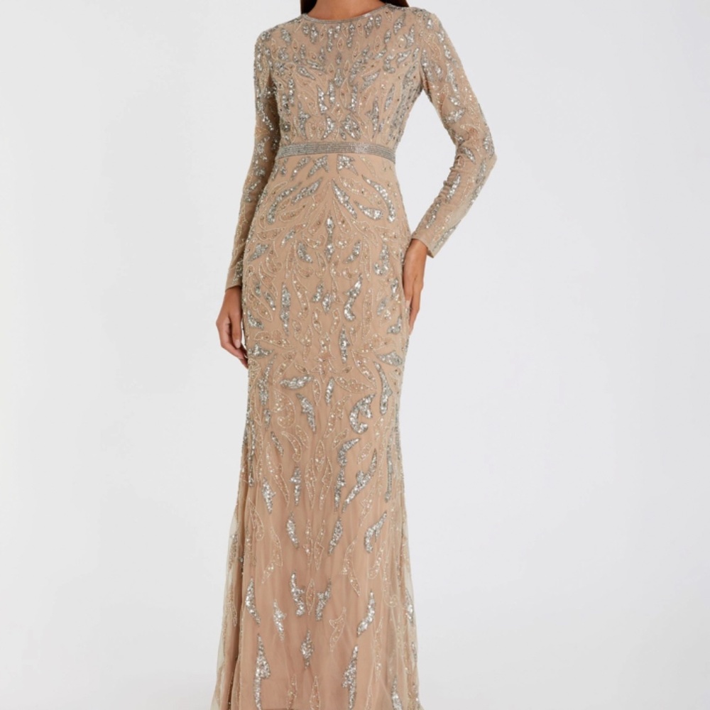 Stunning embellished long sleeve mocha/ beige Mac Duggal evening gown, size 6